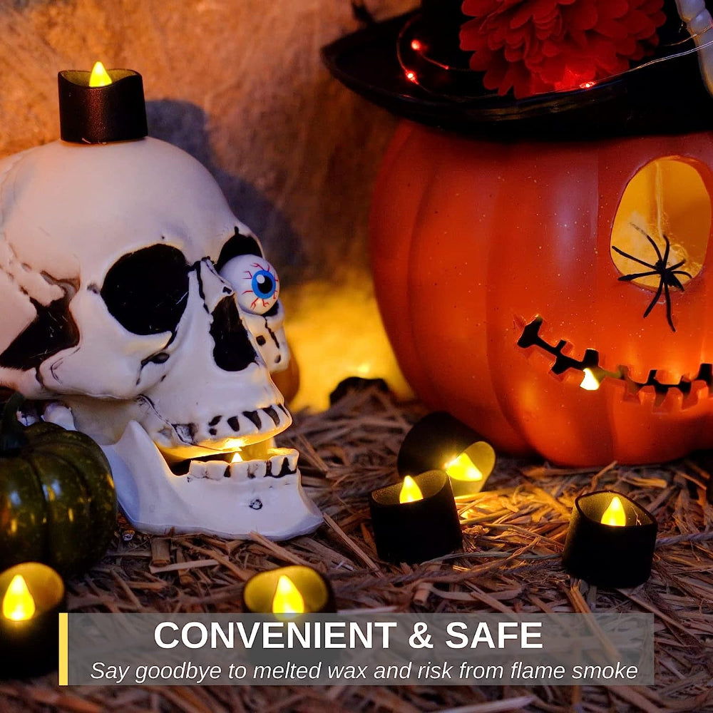 Black LED Flameless Candles – Battery-Operated Flickering Tea Lights | Set of 6 | Halloween, Wedding & Home Decor