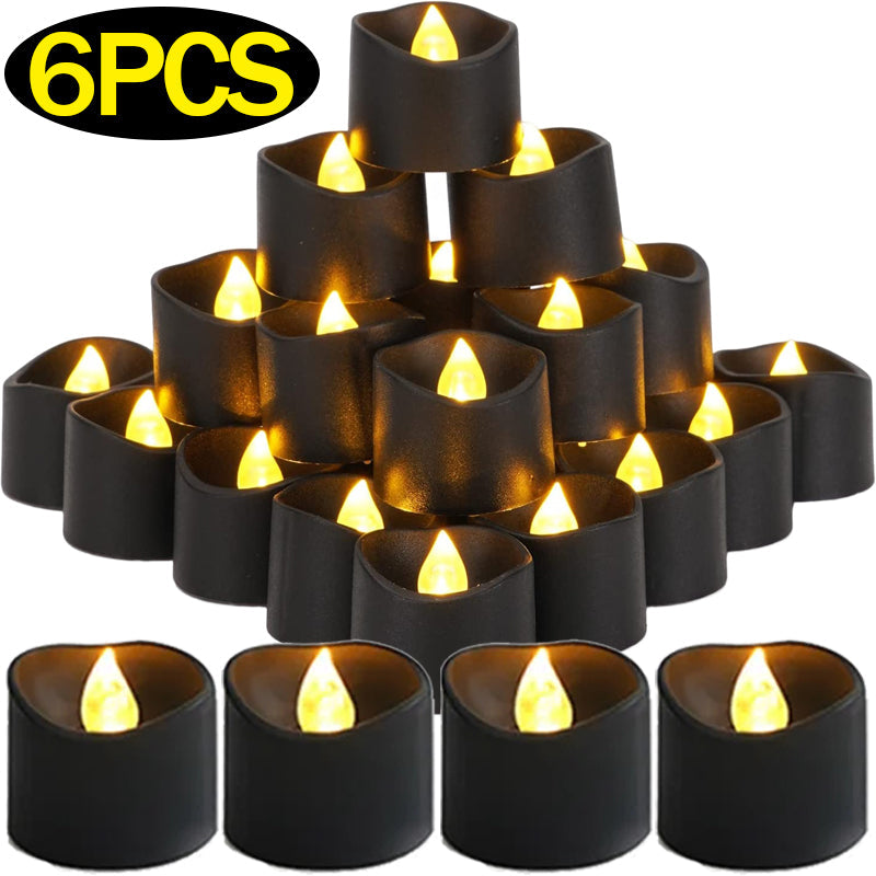 Black LED Flameless Candles – Battery-Operated Flickering Tea Lights | Set of 6 | Halloween, Wedding & Home Decor